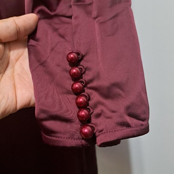 Calvin Klien Satin Puff Sleeve High Low Ruffled Hem Holiday Burgundy S 12 NWT - Picture 9 of 17